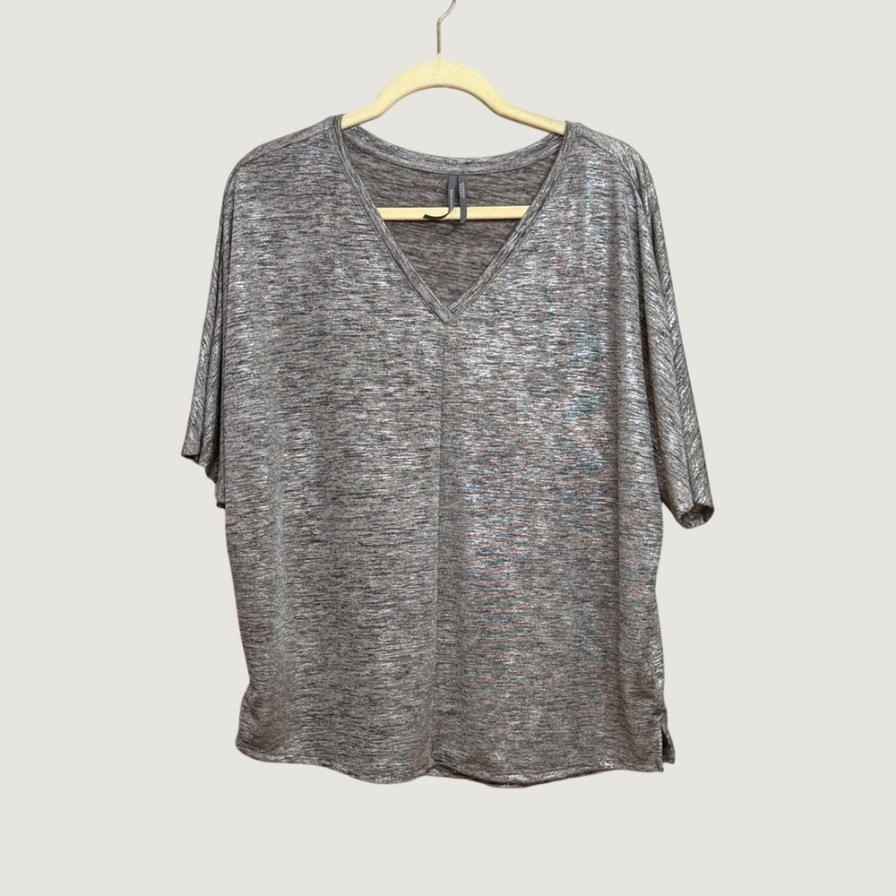Anthropologie Metallic Silver V-Neck Top Large Space Dye Shimmer Going Out Top